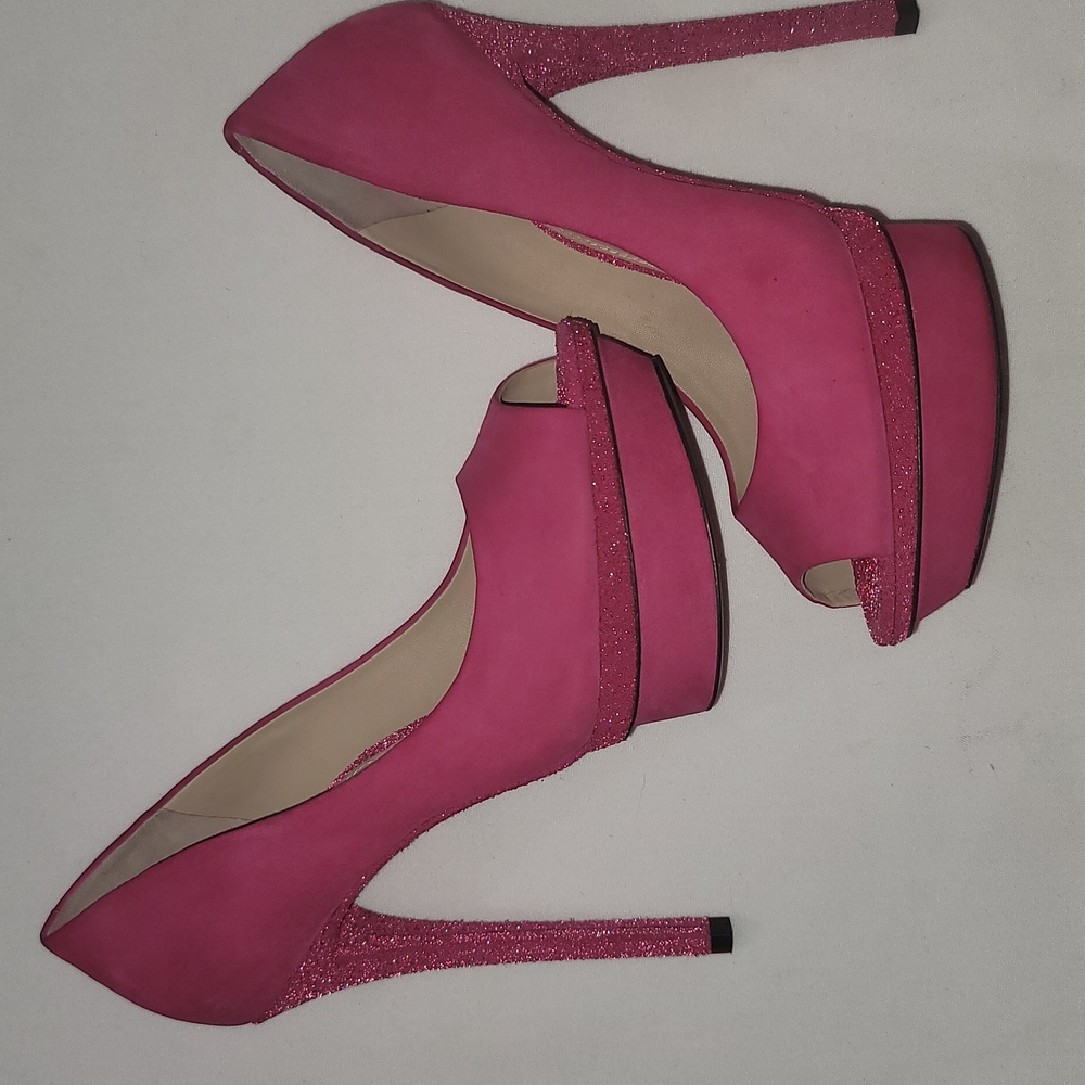 Brian Atwood Hot Pink Suede Peep-Toe Platform Pumps